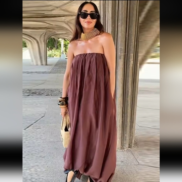 Zara Multi Position Balloon Dress Brown Size XS S - Picture 7 of 13